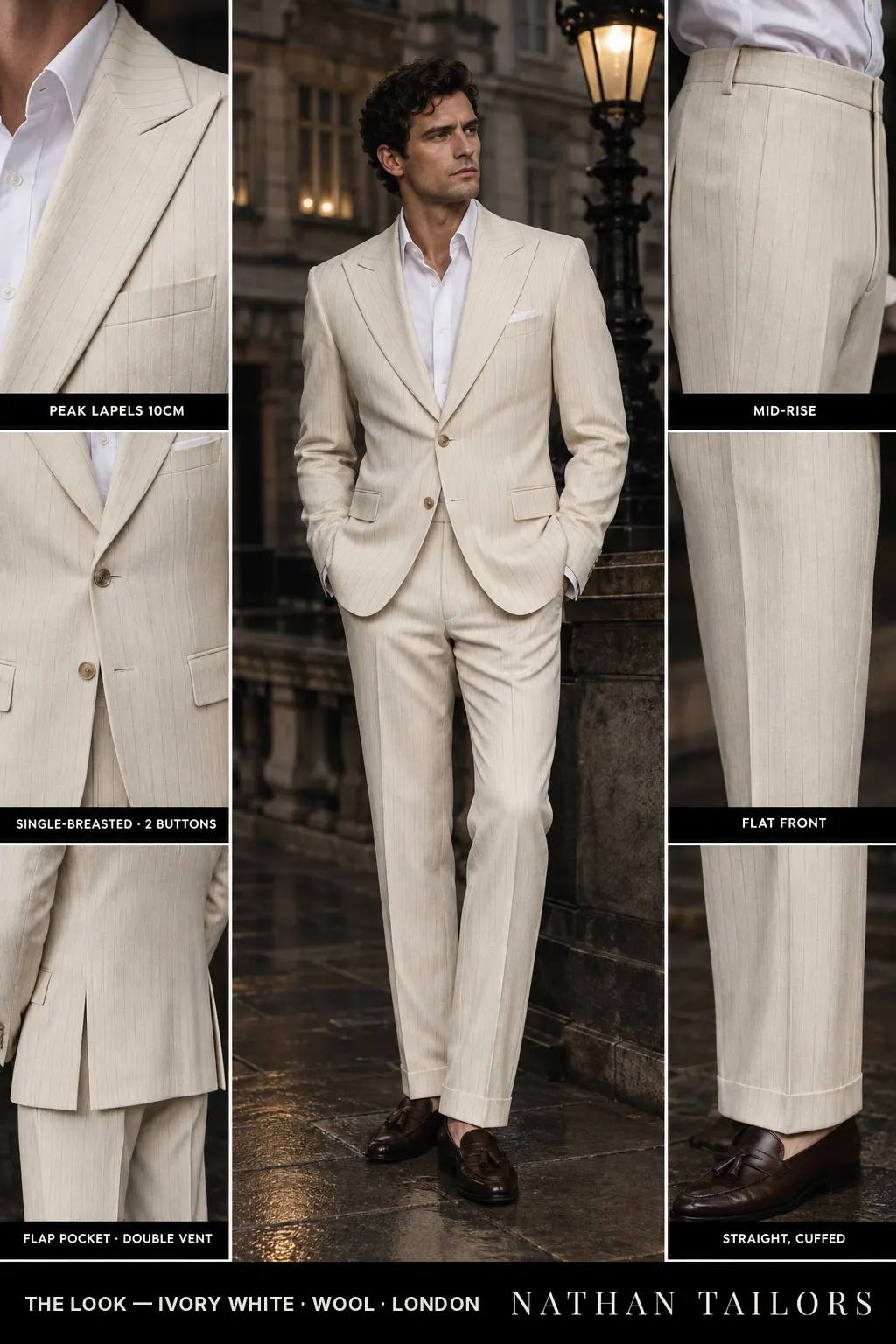 ivory white pinstripe single-breasted bespoke suit โ custom tailored by Nathan Tailors, the Hoi An custom tailor