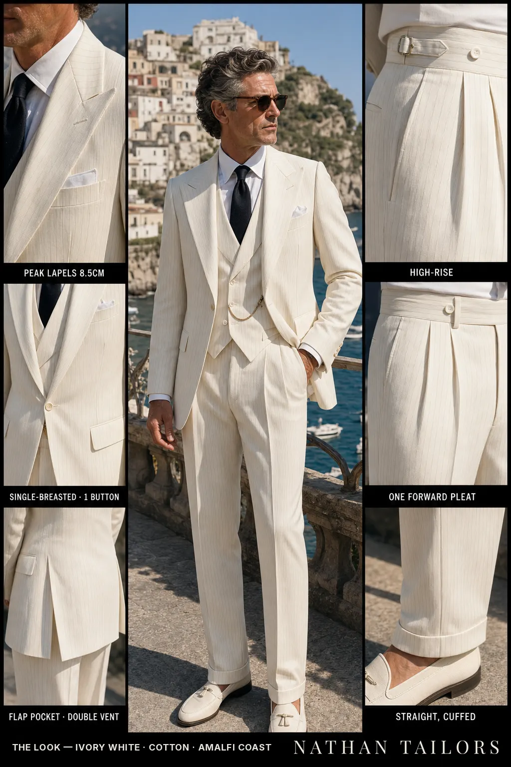 ivory white pinstripe single-breasted peak-lapel bespoke suit — AI-rendered by Nathan Tailors, the Hoi An custom tailor. Available as a custom tailored suit from $149.