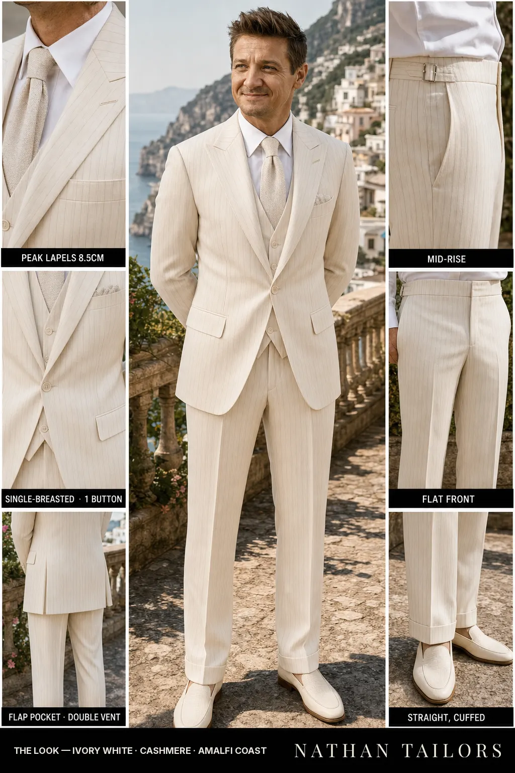 ivory white pinstripe single-breasted peak-lapel bespoke suit — AI-rendered by Nathan Tailors, the Hoi An custom tailor. Available as a custom tailored suit from $149.