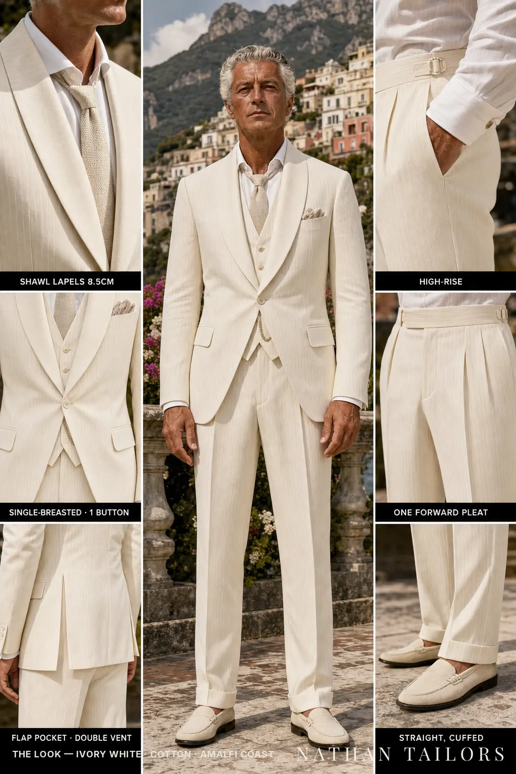 ivory white pinstripe single-breasted shawl-lapel bespoke suit — AI-rendered by Nathan Tailors, the Hoi An custom tailor. Available as a custom tailored suit from $149.