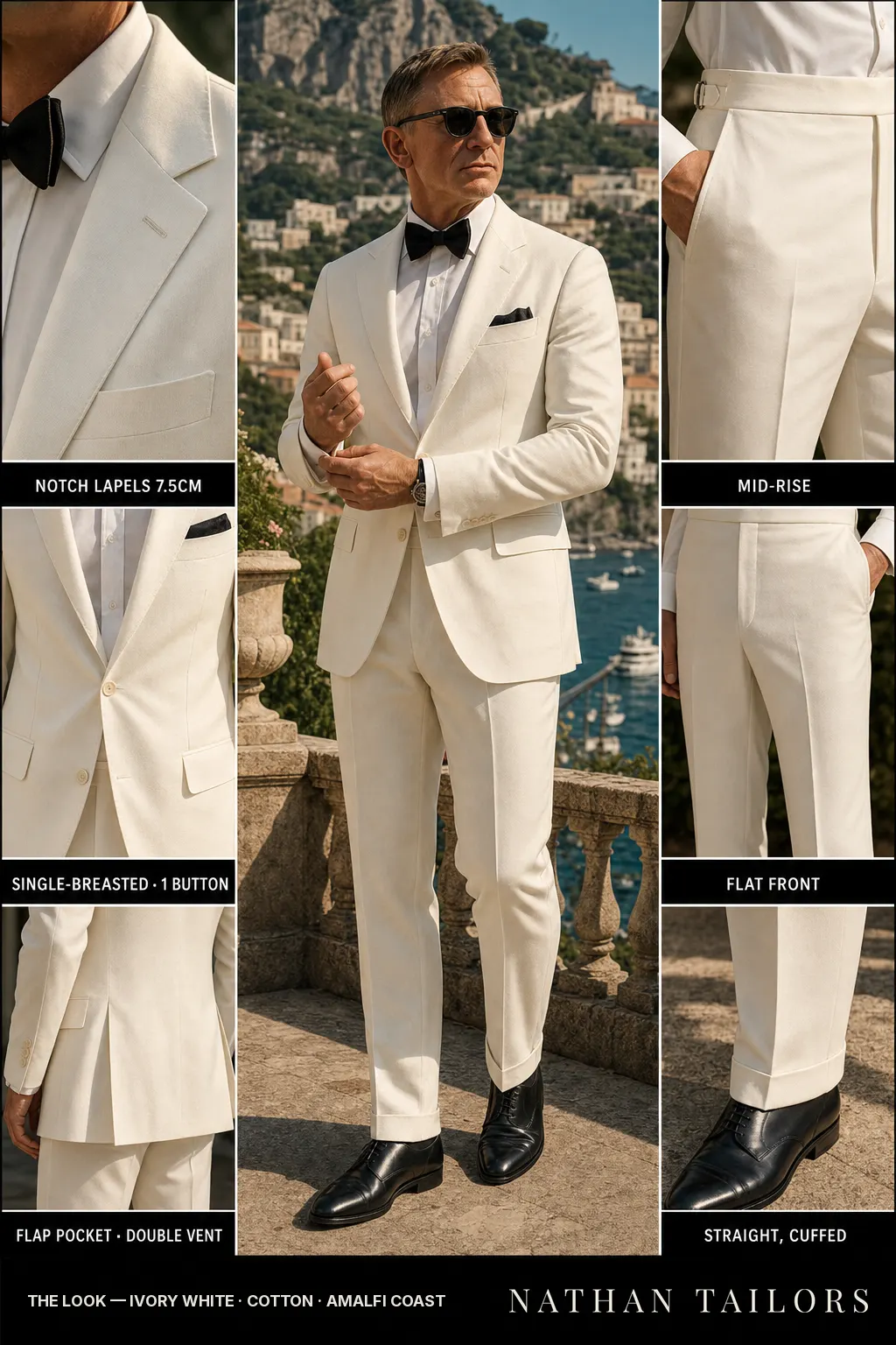 ivory white single-breasted notch-lapel bespoke suit โ AI-rendered by Nathan Tailors, the Hoi An custom tailor. Available as a custom tailored suit from $149.