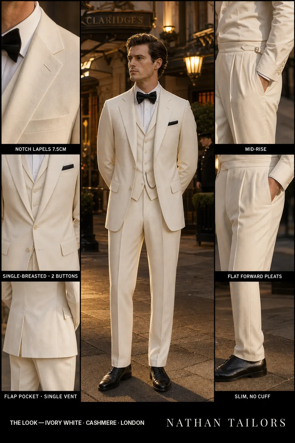 ivory white single-breasted notch-lapel bespoke suit — AI-rendered by Nathan Tailors, the Hoi An custom tailor. Available as a custom tailored suit from $149.