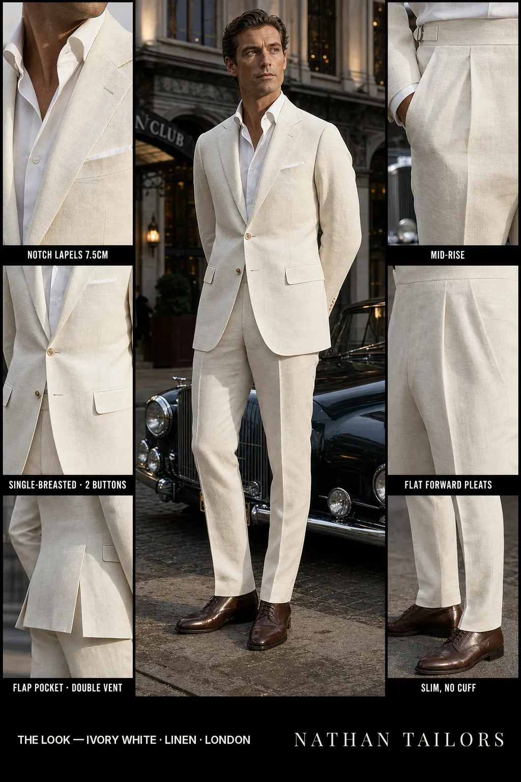 ivory white single-breasted notch-lapel bespoke suit — AI-rendered by Nathan Tailors, the Hoi An custom tailor. Available as a custom tailored suit from $149.
