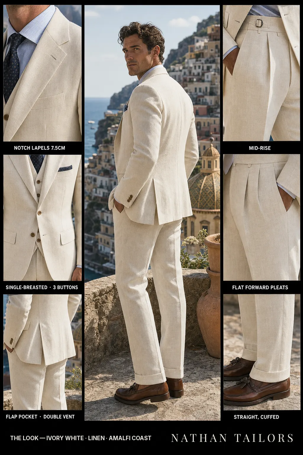 ivory white single-breasted notch-lapel bespoke suit โ AI-rendered by Nathan Tailors, the Hoi An custom tailor. Available as a custom tailored suit from $149.