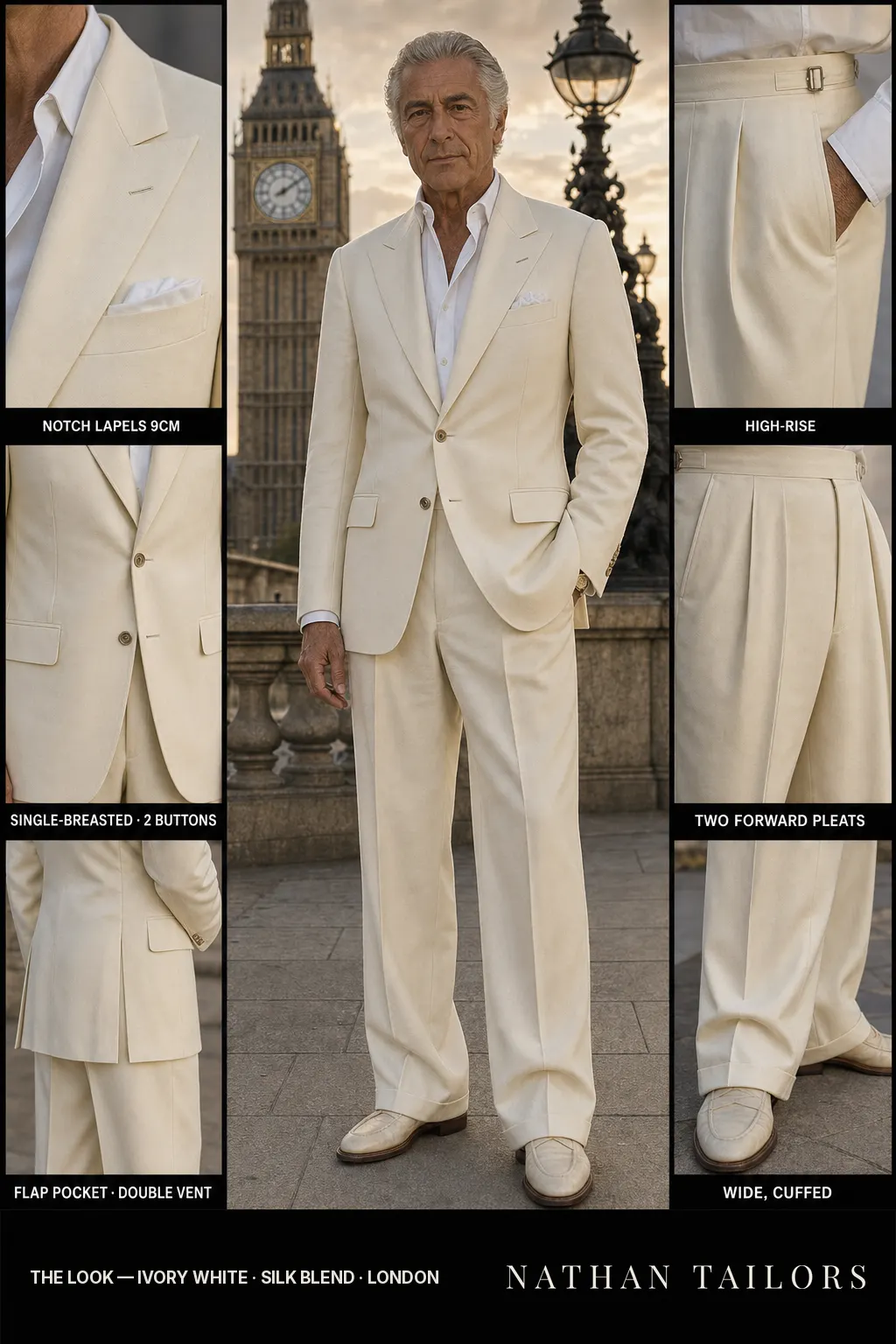 ivory white single-breasted notch-lapel bespoke suit — AI-rendered by Nathan Tailors, the Hoi An custom tailor. Available as a custom tailored suit from $149.