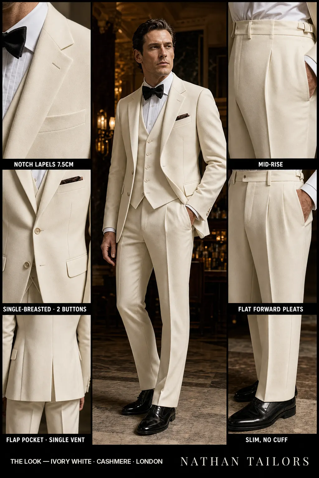 ivory white single-breasted notch-lapel bespoke suit — AI-rendered by Nathan Tailors, the Hoi An custom tailor. Available as a custom tailored suit from $149.