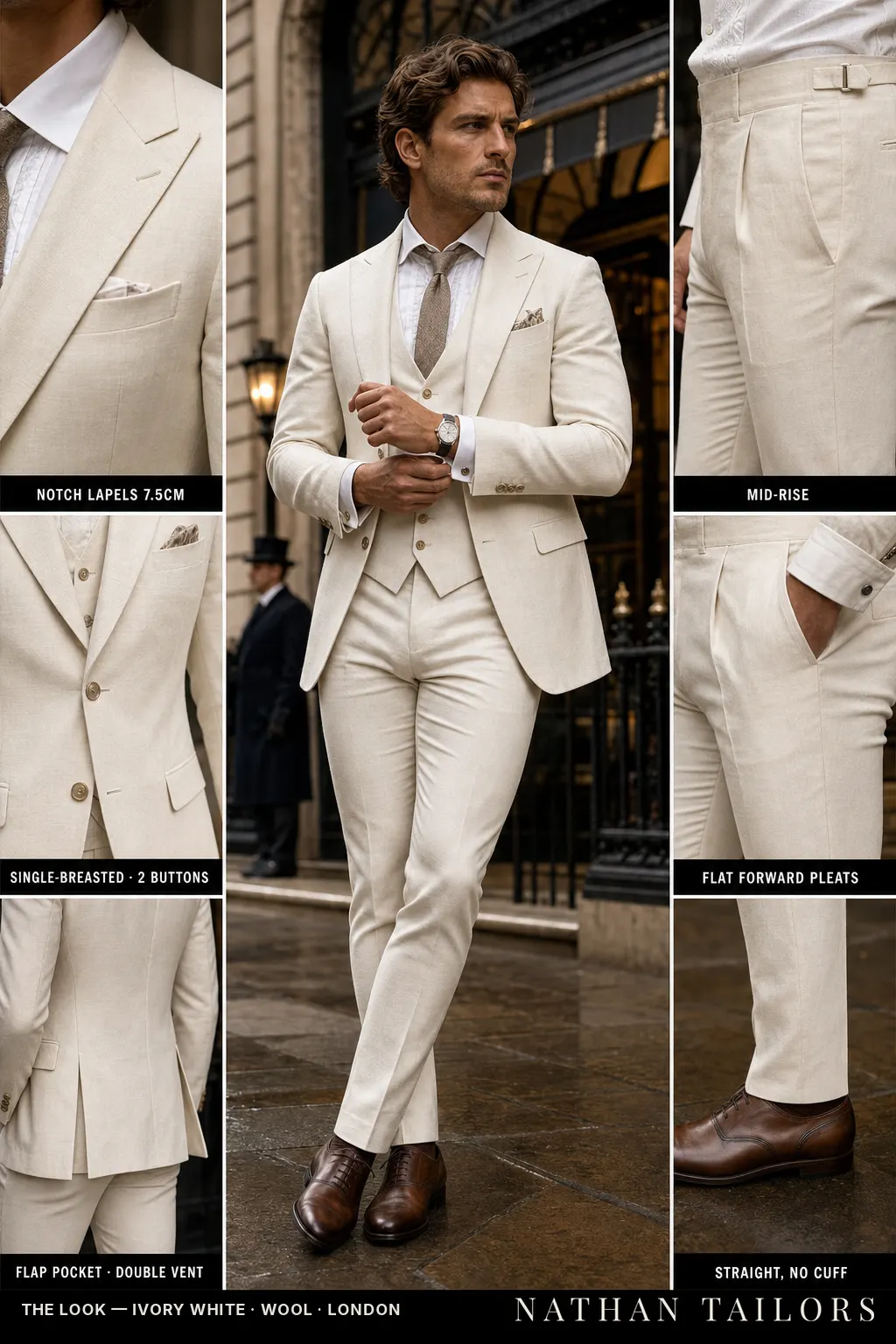ivory white single-breasted notch-lapel bespoke suit — AI-rendered by Nathan Tailors, the Hoi An custom tailor. Available as a custom tailored suit from $149.