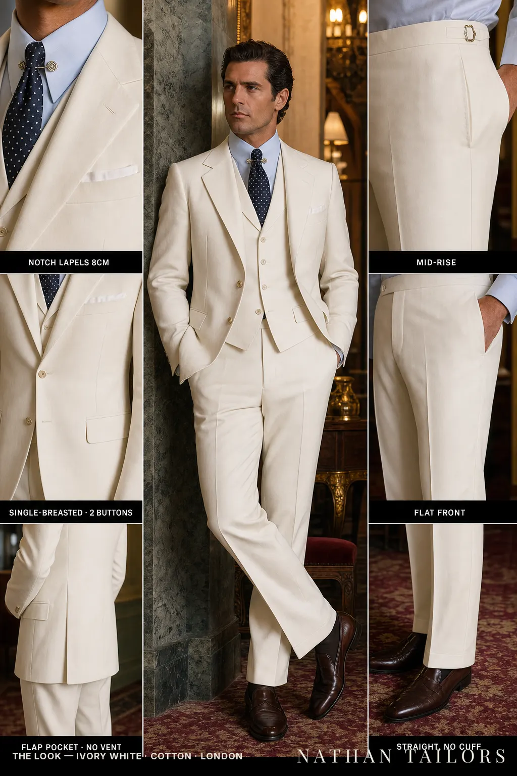 ivory white single-breasted bespoke suit — custom tailored by Nathan Tailors, the Hoi An custom tailor