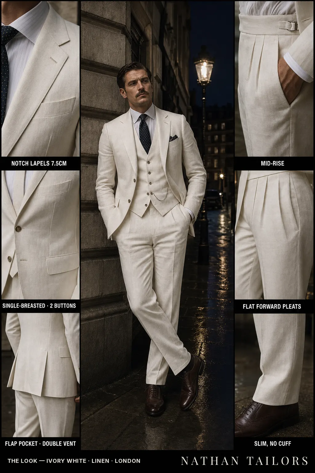 ivory white single-breasted notch-lapel bespoke suit — AI-rendered by Nathan Tailors, the Hoi An custom tailor. Available as a custom tailored suit from $149.