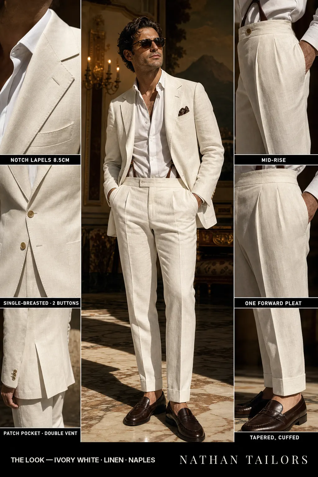 ivory white single-breasted notch-lapel bespoke suit — AI-rendered by Nathan Tailors, the Hoi An custom tailor. Available as a custom tailored suit from $149.