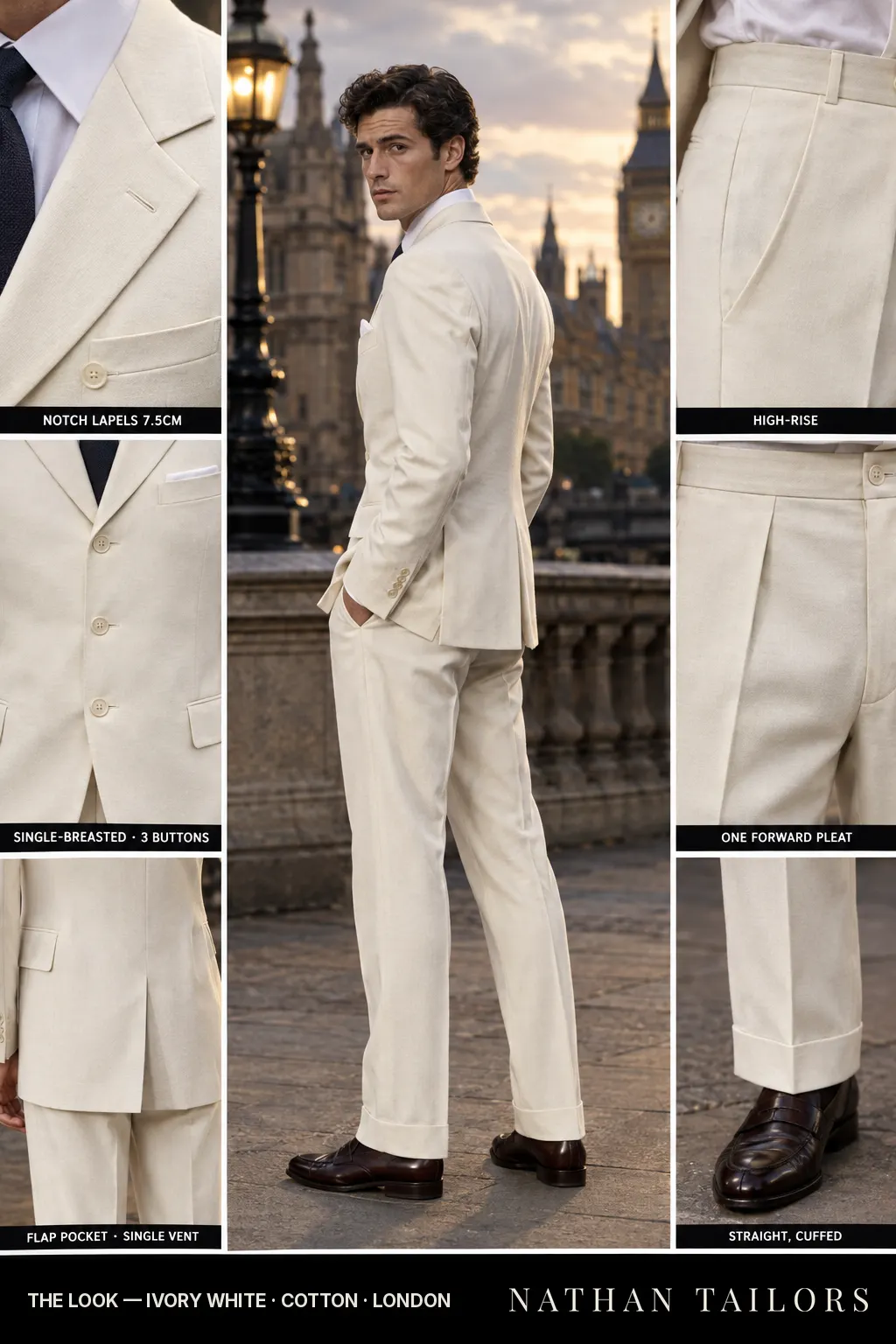 ivory white single-breasted bespoke suit — custom tailored by Nathan Tailors, the Hoi An custom tailor