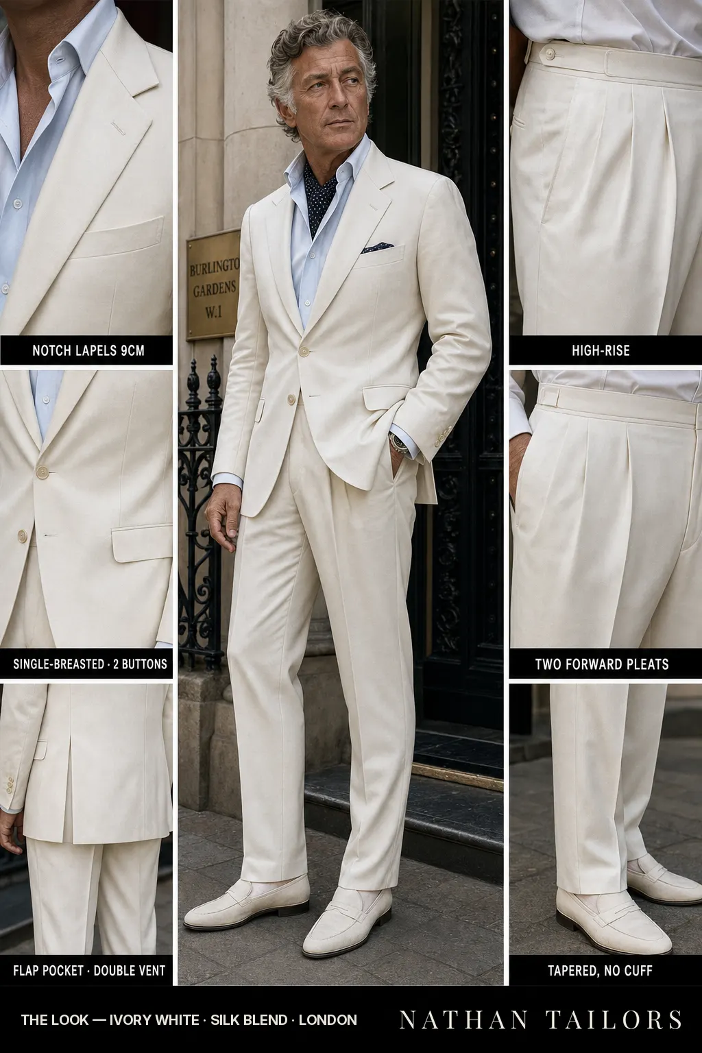 ivory white single-breasted notch-lapel bespoke suit — AI-rendered by Nathan Tailors, the Hoi An custom tailor. Available as a custom tailored suit from $149.