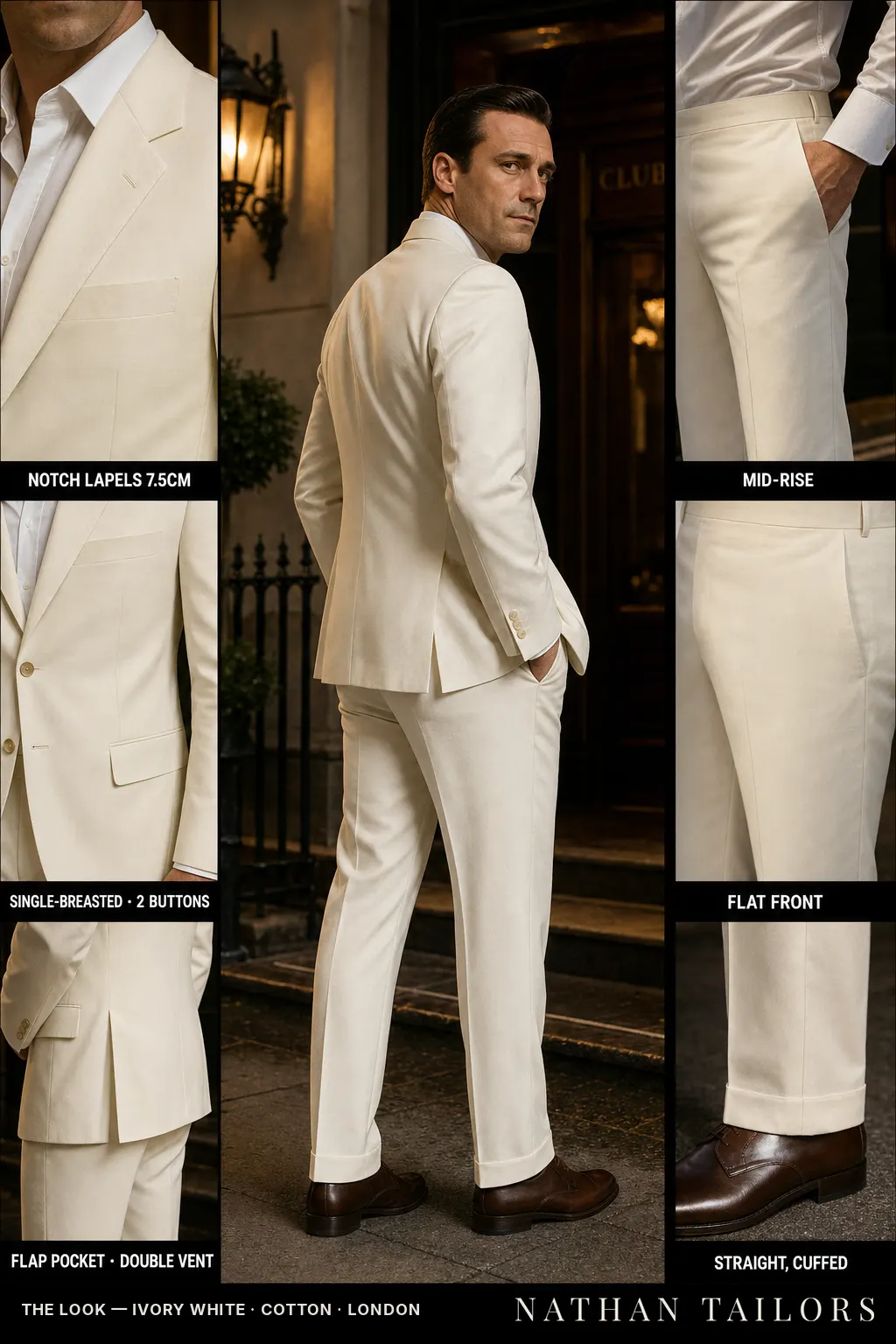ivory white single-breasted notch-lapel bespoke suit — AI-rendered by Nathan Tailors, the Hoi An custom tailor. Available as a custom tailored suit from $169.