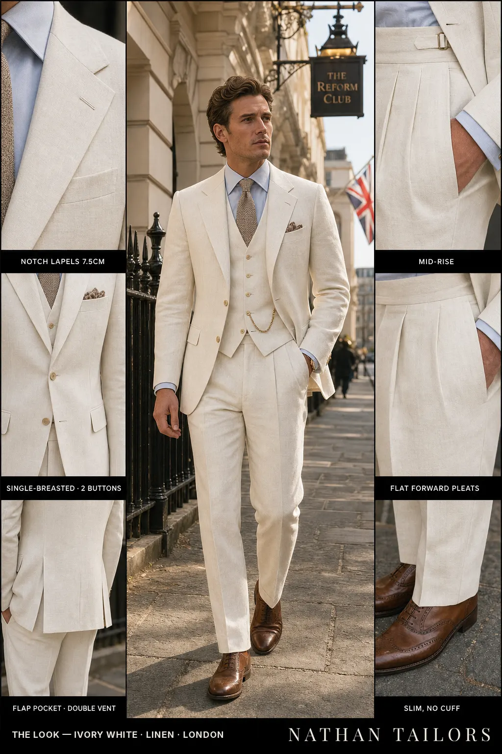 ivory white single-breasted notch-lapel bespoke suit — AI-rendered by Nathan Tailors, the Hoi An custom tailor. Available as a custom tailored suit from $149.