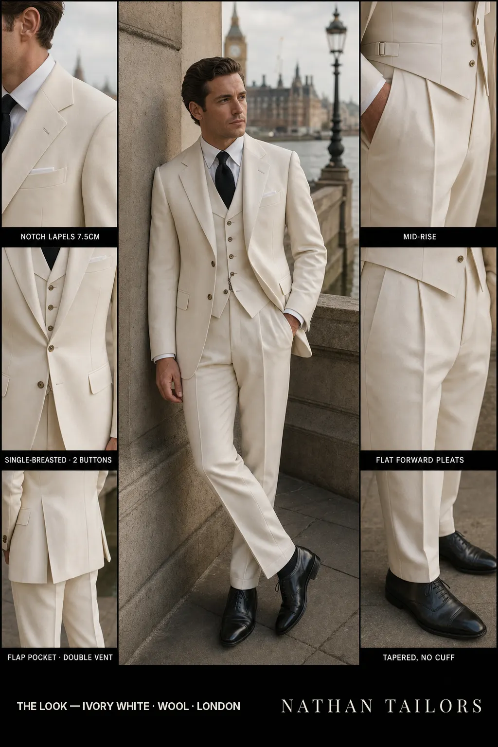 ivory white single-breasted notch-lapel bespoke suit — AI-rendered by Nathan Tailors, the Hoi An custom tailor. Available as a custom tailored suit from $149.