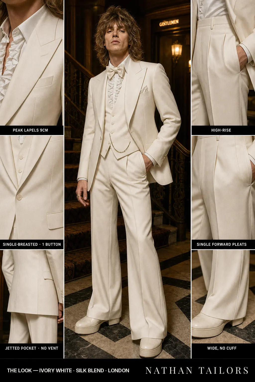 ivory white single-breasted peak-lapel bespoke suit — AI-rendered by Nathan Tailors, the Hoi An custom tailor. Available as a custom tailored suit from $149.
