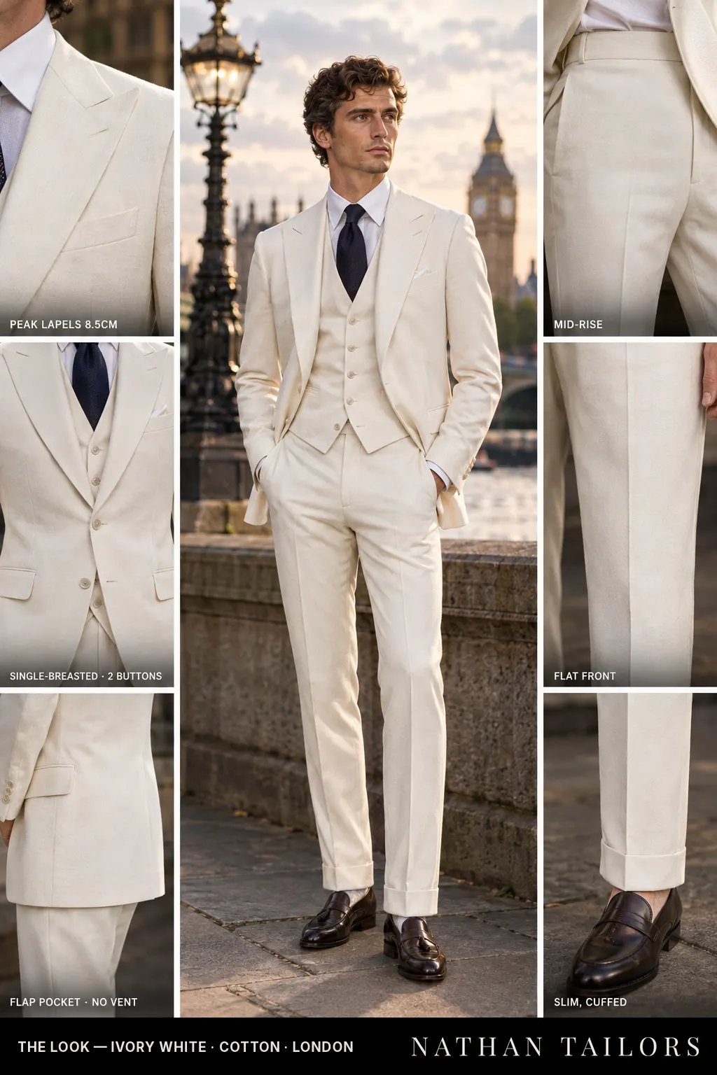 ivory white single-breasted bespoke suit — custom tailored by Nathan Tailors, the Hoi An custom tailor