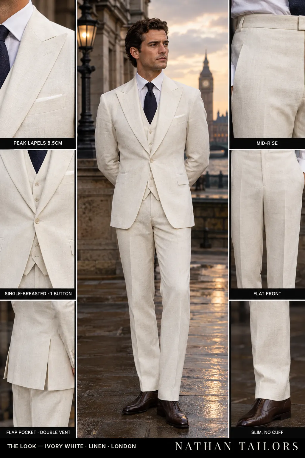 ivory white single-breasted bespoke suit — custom tailored by Nathan Tailors, the Hoi An custom tailor