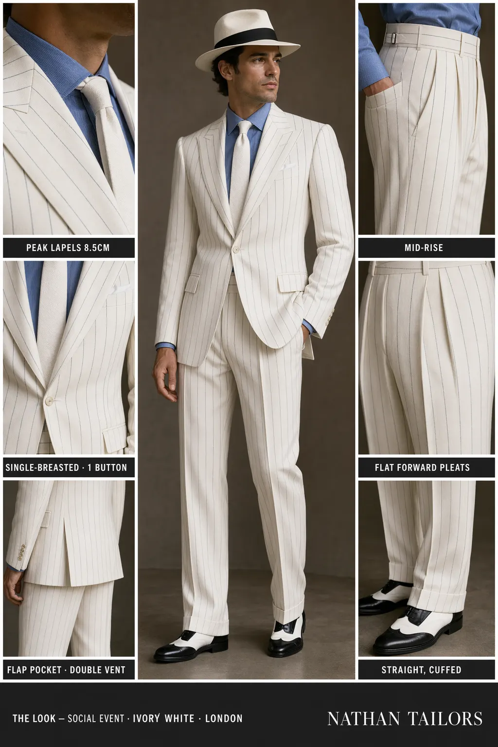 ivory white single-breasted peak-lapel bespoke suit — AI-rendered by Nathan Tailors, the Hoi An custom tailor. Available as a custom tailored suit from $149.