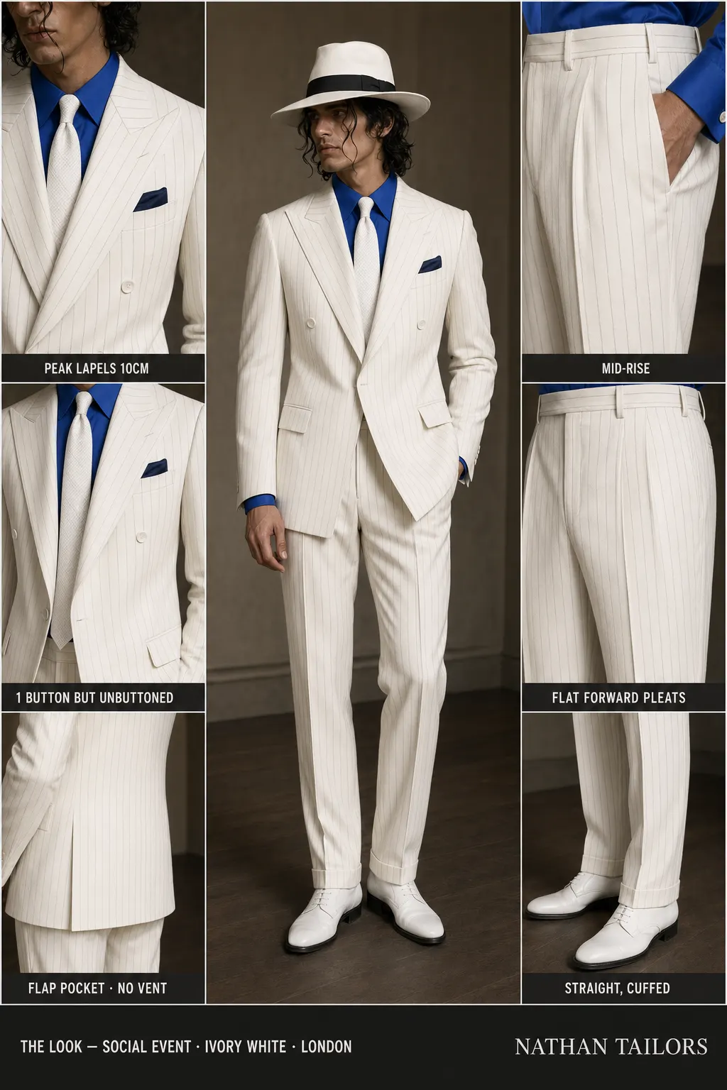ivory white single-breasted peak-lapel bespoke suit — AI-rendered by Nathan Tailors, the Hoi An custom tailor. Available as a custom tailored suit from $149.
