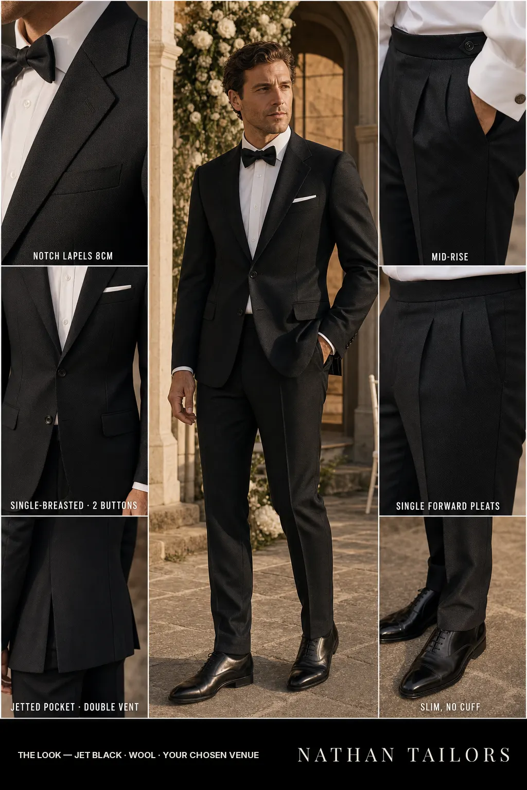 jet black birdseye single-breasted notch-lapel bespoke suit โ AI-rendered by Nathan Tailors, the Hoi An custom tailor. Available as a custom tailored suit from $149.