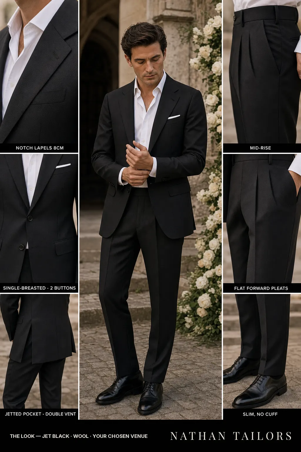 jet black birdseye single-breasted notch-lapel bespoke suit โ AI-rendered by Nathan Tailors, the Hoi An custom tailor. Available as a custom tailored suit from $149.