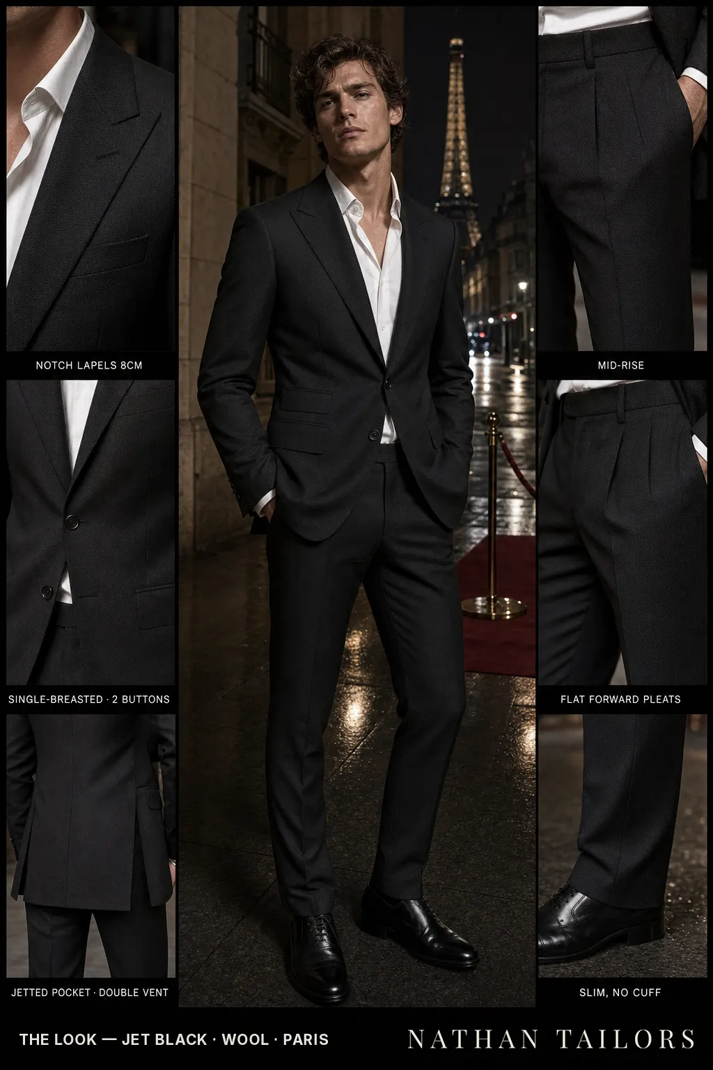 jet black birdseye single-breasted notch-lapel bespoke suit — AI-rendered by Nathan Tailors, the Hoi An custom tailor. Available as a custom tailored suit from $149.