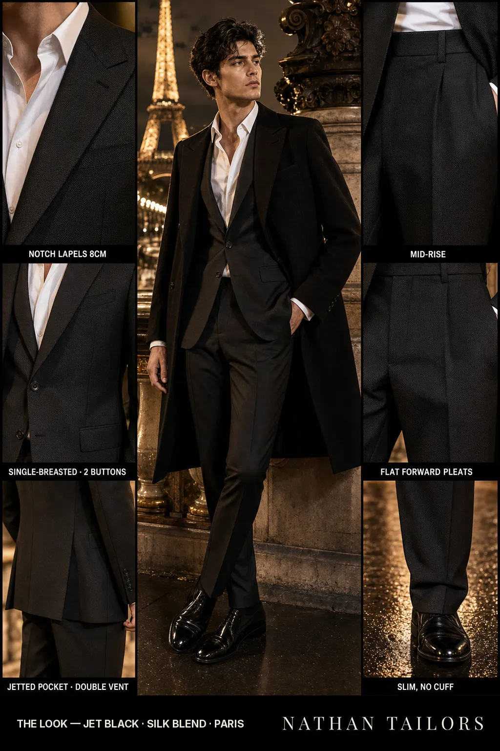 jet black birdseye single-breasted notch-lapel bespoke suit — AI-rendered by Nathan Tailors, the Hoi An custom tailor. Available as a custom tailored suit from $149.