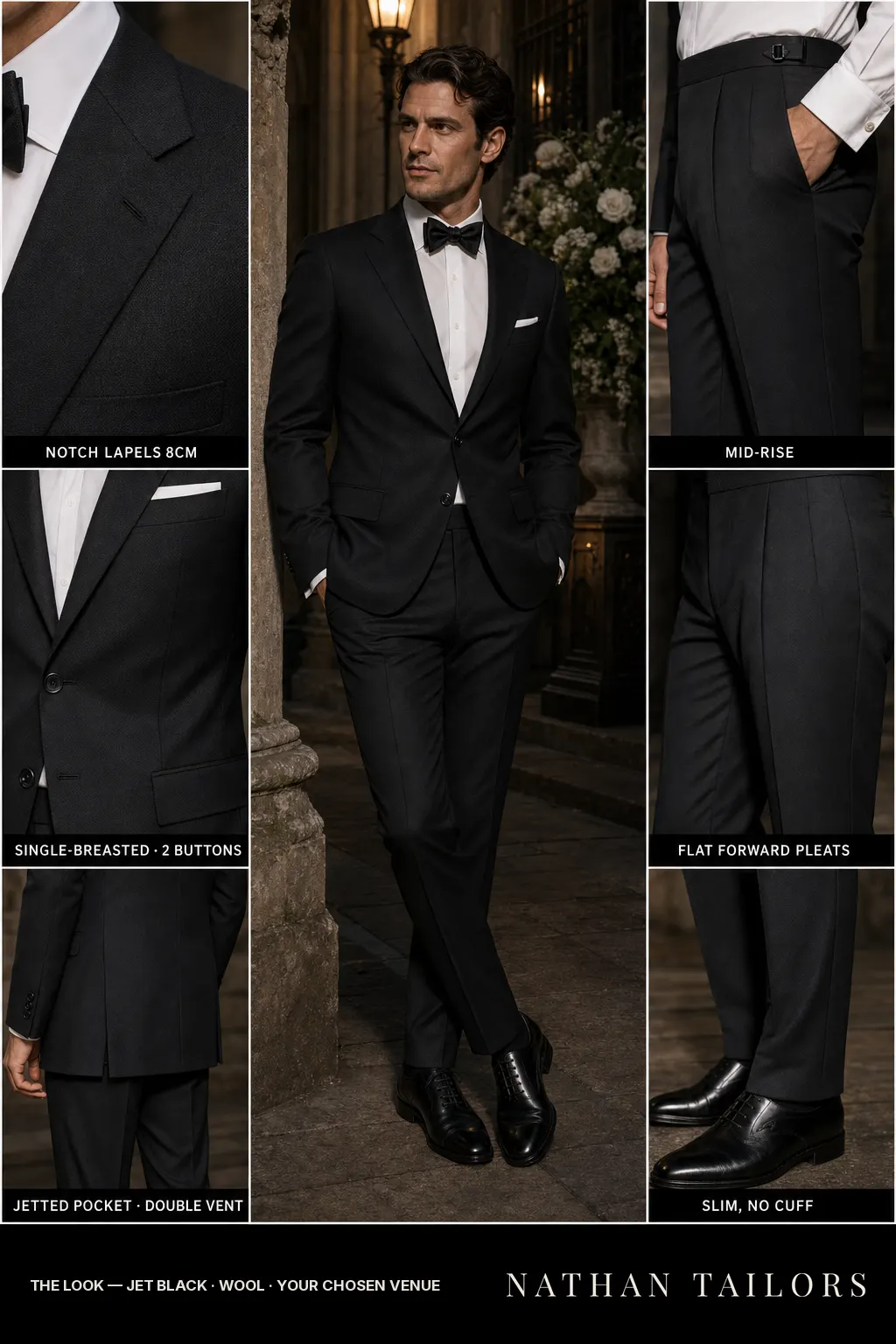 jet black birdseye single-breasted notch-lapel bespoke suit โ AI-rendered by Nathan Tailors, the Hoi An custom tailor. Available as a custom tailored suit from $149.