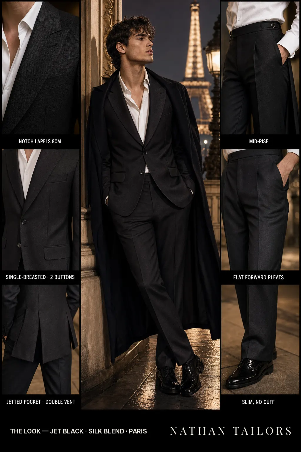 jet black birdseye single-breasted notch-lapel bespoke suit — AI-rendered by Nathan Tailors, the Hoi An custom tailor. Available as a custom tailored suit from $149.