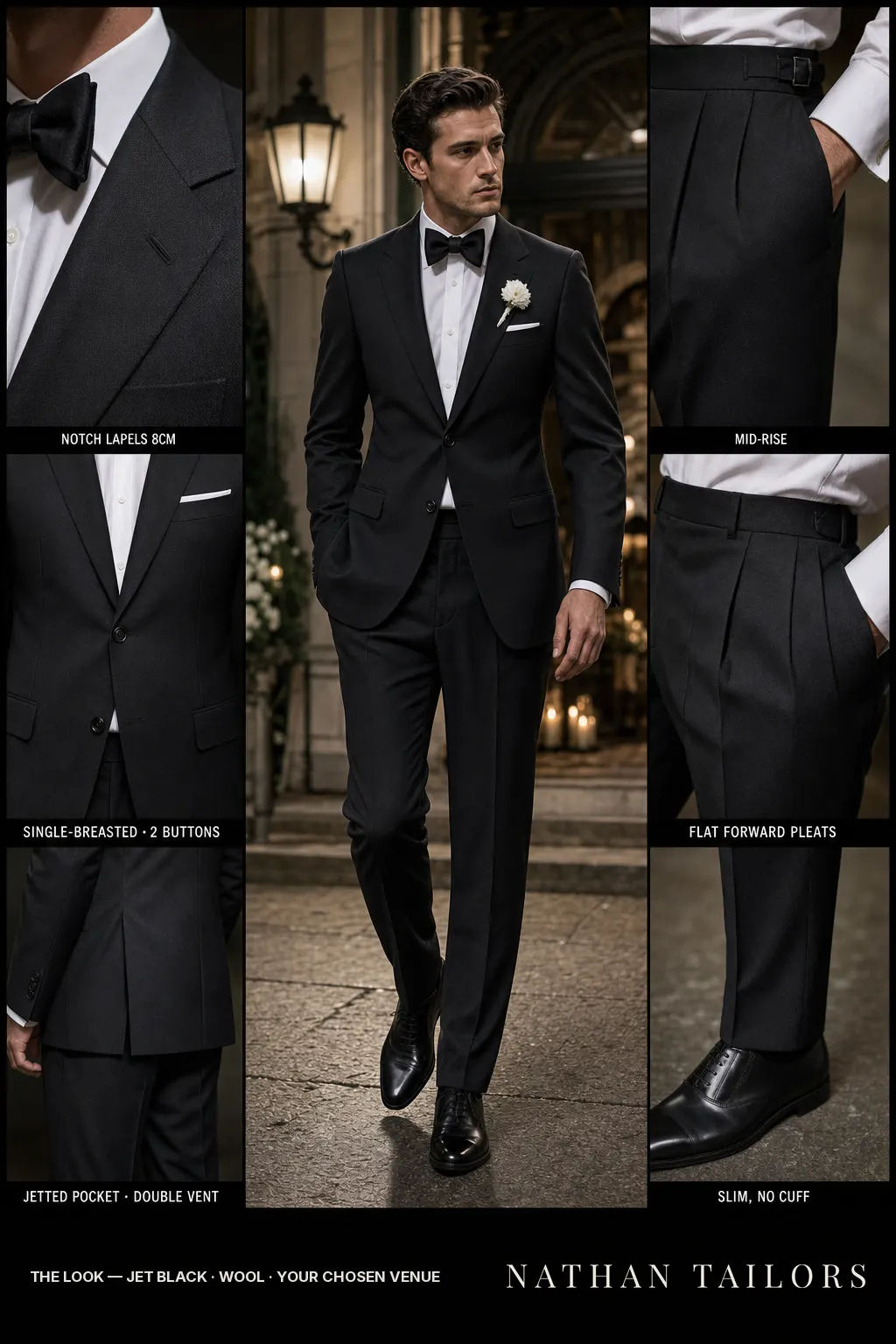 jet black birdseye single-breasted notch-lapel bespoke suit โ AI-rendered by Nathan Tailors, the Hoi An custom tailor. Available as a custom tailored suit from $149.