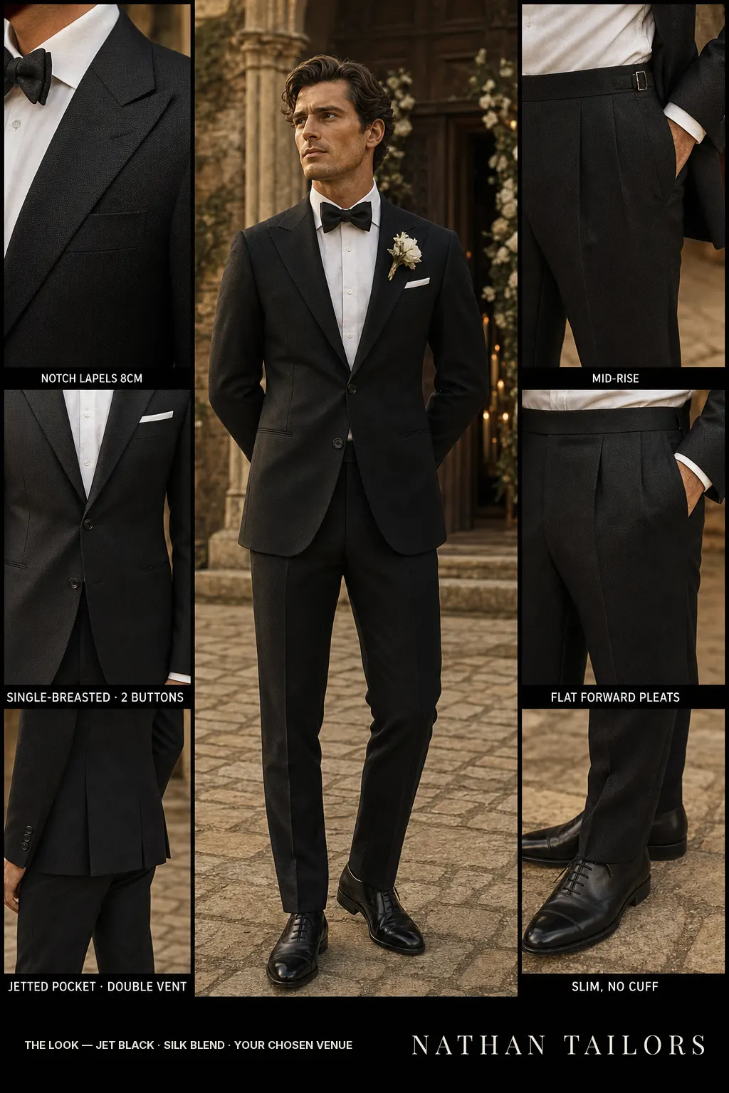 jet black birdseye single-breasted notch-lapel bespoke suit โ AI-rendered by Nathan Tailors, the Hoi An custom tailor. Available as a custom tailored suit from $149.