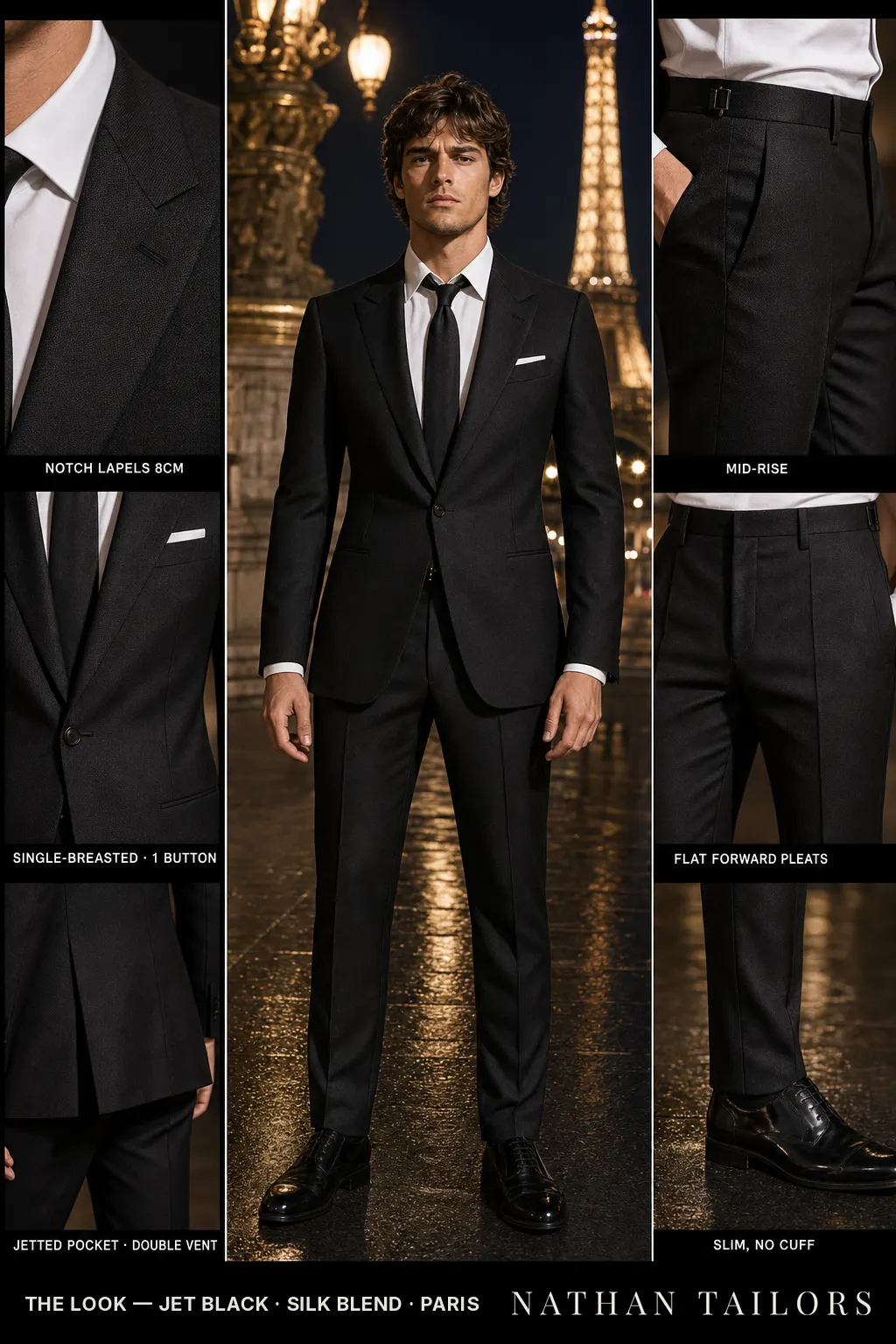 jet black birdseye single-breasted notch-lapel bespoke suit — AI-rendered by Nathan Tailors, the Hoi An custom tailor. Available as a custom tailored suit from $149.
