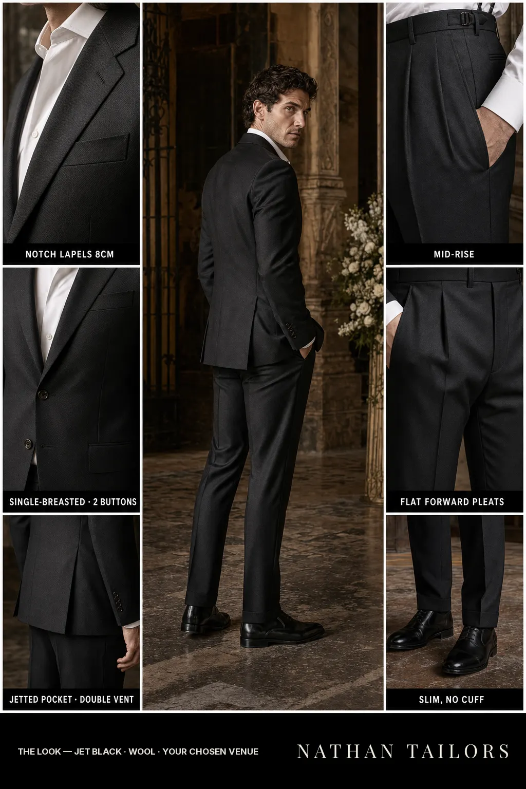 jet black birdseye single-breasted notch-lapel bespoke suit — AI-rendered by Nathan Tailors, the Hoi An custom tailor. Available as a custom tailored suit from $149.