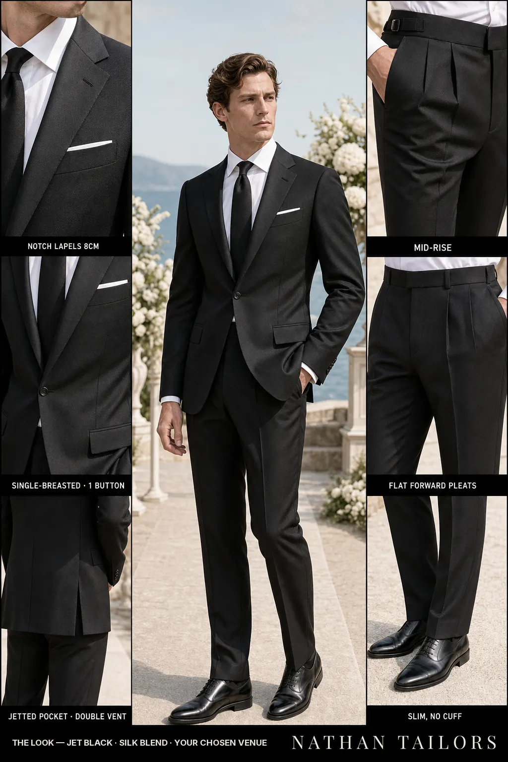 jet black birdseye single-breasted notch-lapel bespoke suit โ AI-rendered by Nathan Tailors, the Hoi An custom tailor. Available as a custom tailored suit from $149.