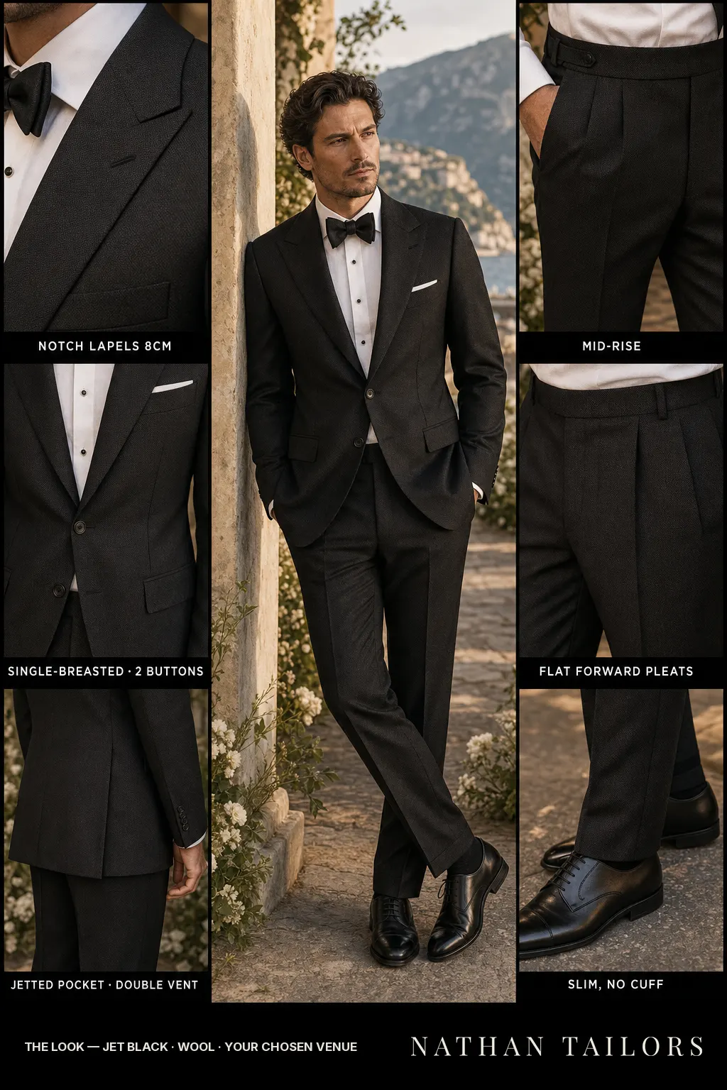 jet black birdseye single-breasted notch-lapel bespoke suit โ AI-rendered by Nathan Tailors, the Hoi An custom tailor. Available as a custom tailored suit from $149.