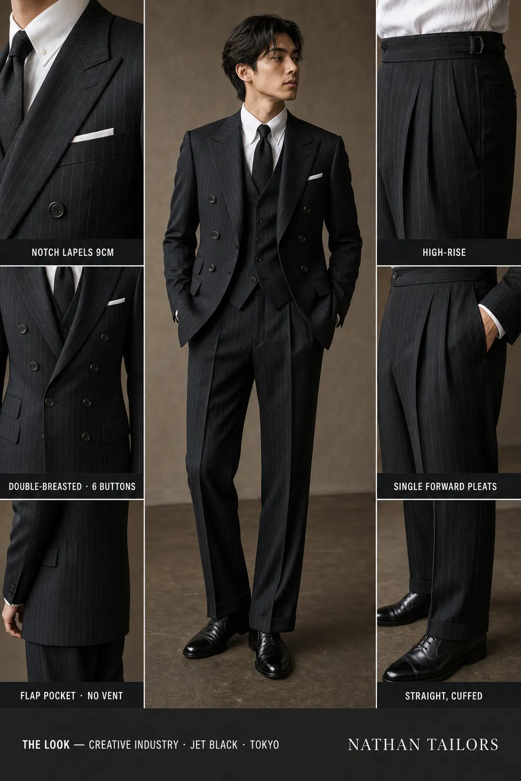 jet black chalk stripe double-breasted notch-lapel bespoke suit โ AI-rendered by Nathan Tailors, the Hoi An custom tailor. Available as a custom tailored suit from $149.