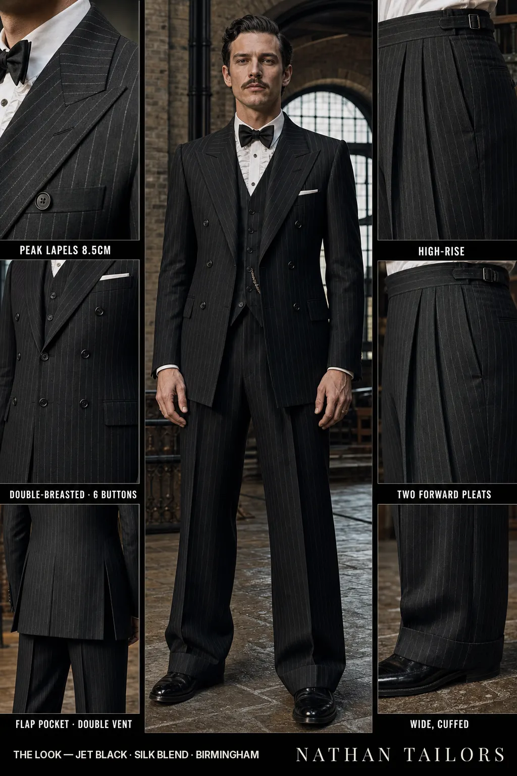 jet black chalk stripe double-breasted peak-lapel bespoke suit โ AI-rendered by Nathan Tailors, the Hoi An custom tailor. Available as a custom tailored suit from $149.