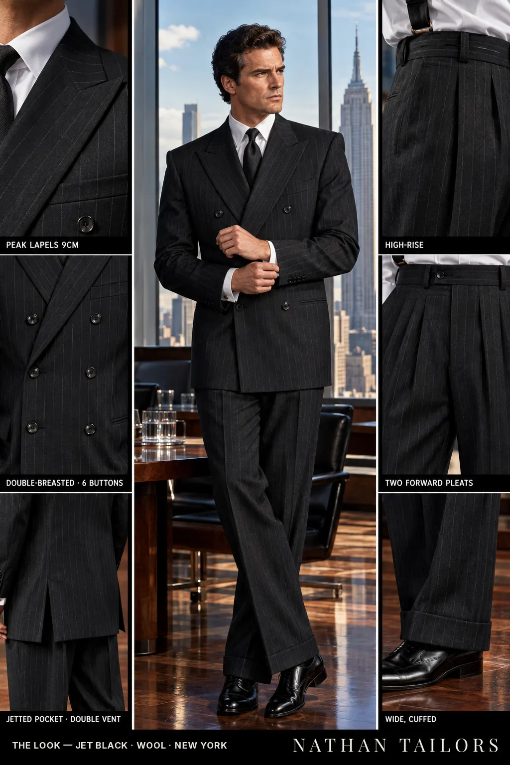 jet black chalk_stripe double-breasted bespoke suit โ custom tailored by Nathan Tailors, the Hoi An custom tailor