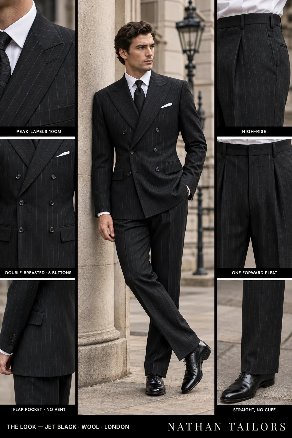 jet black chalk_stripe double-breasted bespoke suit โ custom tailored by Nathan Tailors, the Hoi An custom tailor