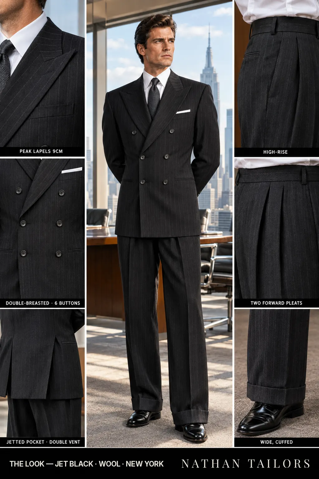 jet black chalk stripe double-breasted peak-lapel bespoke suit โ AI-rendered by Nathan Tailors, the Hoi An custom tailor. Available as a custom tailored suit from $169.