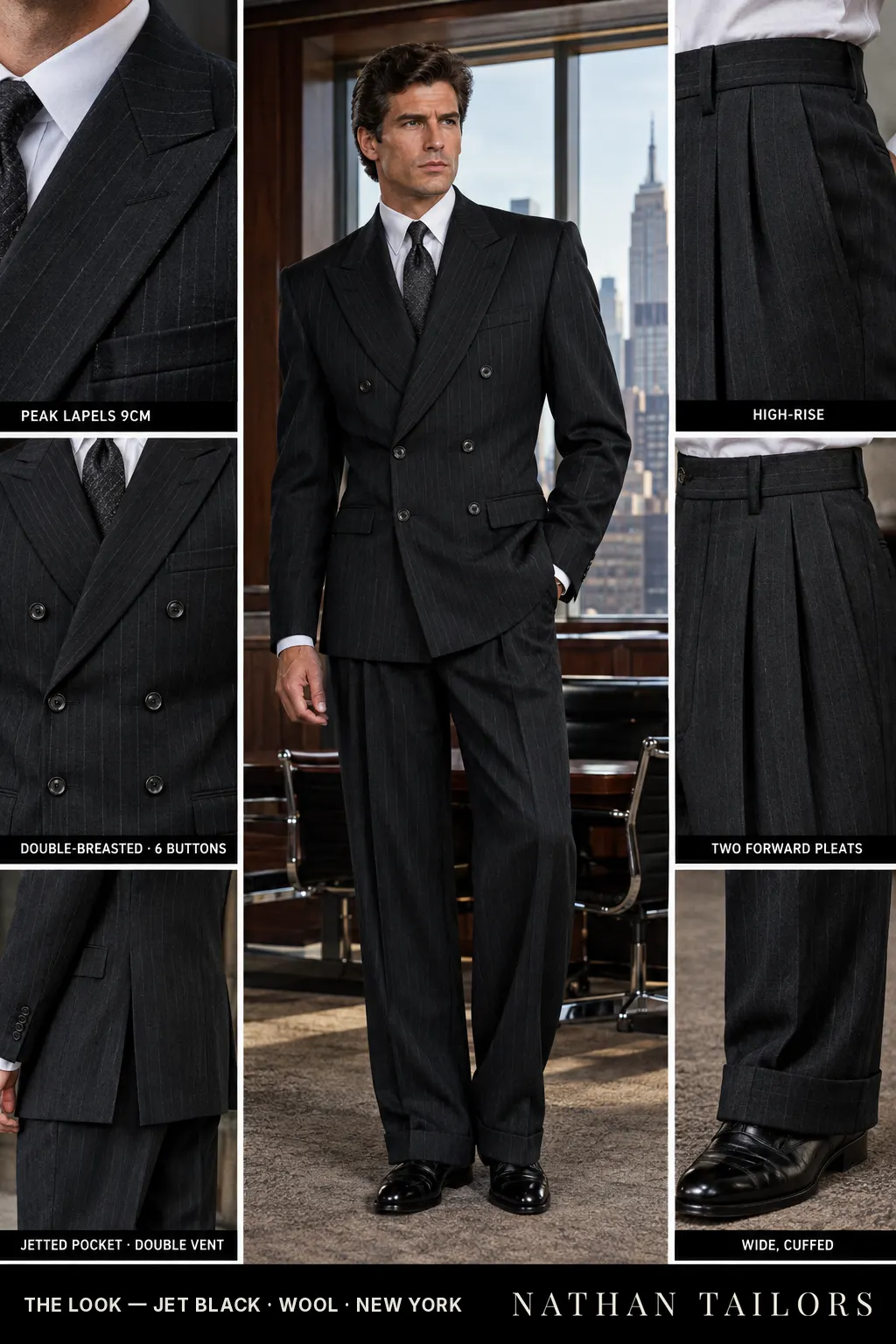 jet black chalk_stripe double-breasted bespoke suit — custom tailored by Nathan Tailors, the Hoi An custom tailor