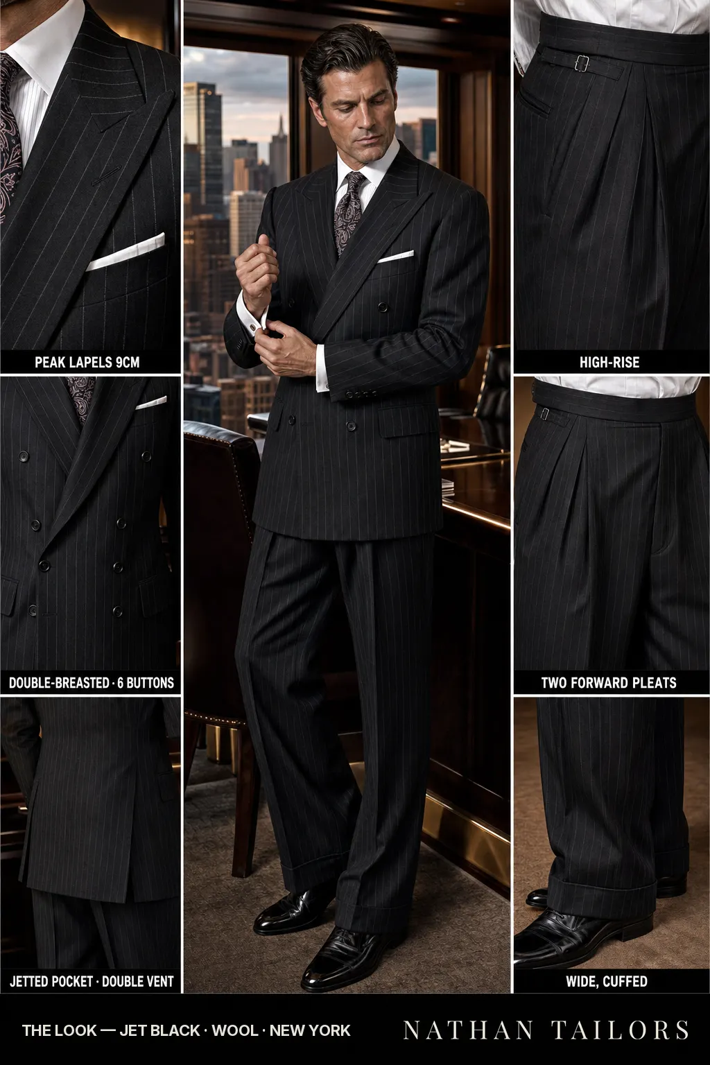 jet black chalk stripe double-breasted peak-lapel bespoke suit — AI-rendered by Nathan Tailors, the Hoi An custom tailor. Available as a custom tailored suit from $149.