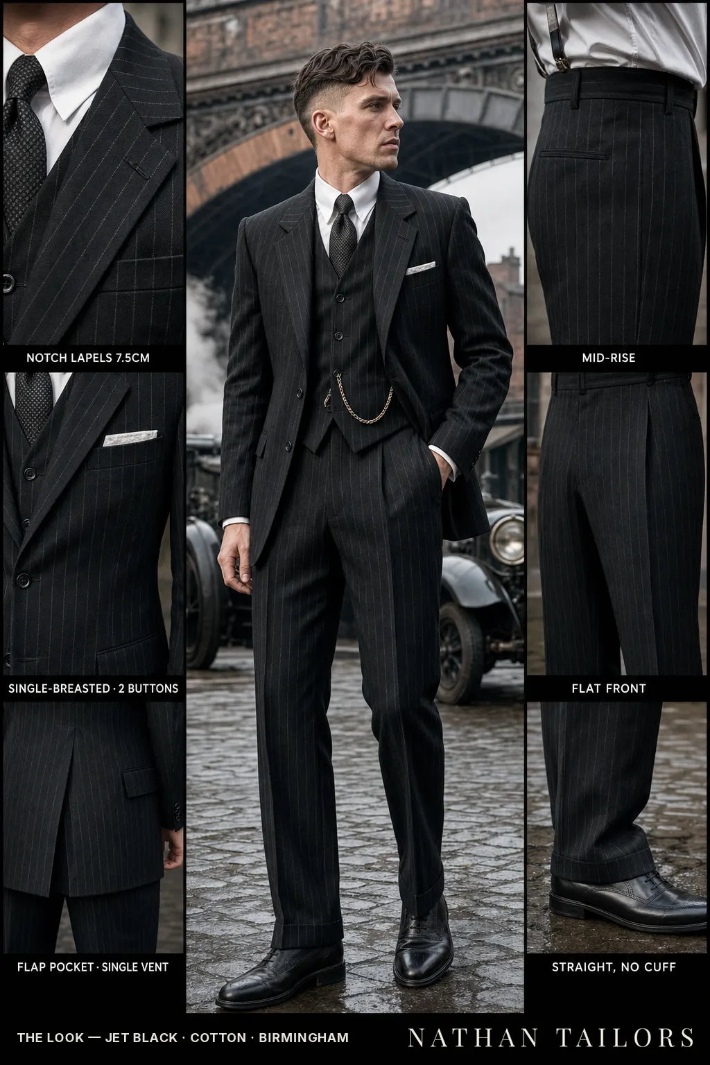 jet black chalk stripe single-breasted notch-lapel bespoke suit — AI-rendered by Nathan Tailors, the Hoi An custom tailor. Available as a custom tailored suit from $149.