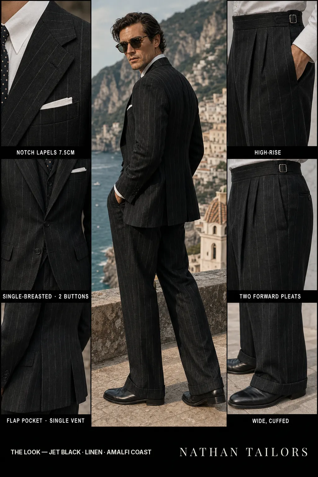 jet black chalk stripe single-breasted notch-lapel bespoke suit โ AI-rendered by Nathan Tailors, the Hoi An custom tailor. Available as a custom tailored suit from $149.
