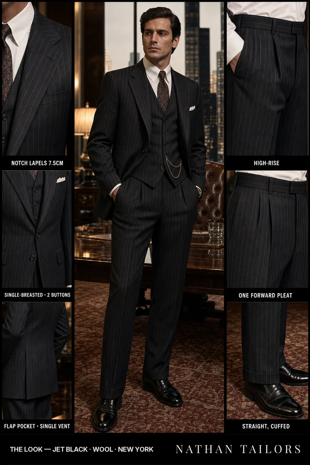 jet black chalk stripe single-breasted notch-lapel bespoke suit — AI-rendered by Nathan Tailors, the Hoi An custom tailor. Available as a custom tailored suit from $149.