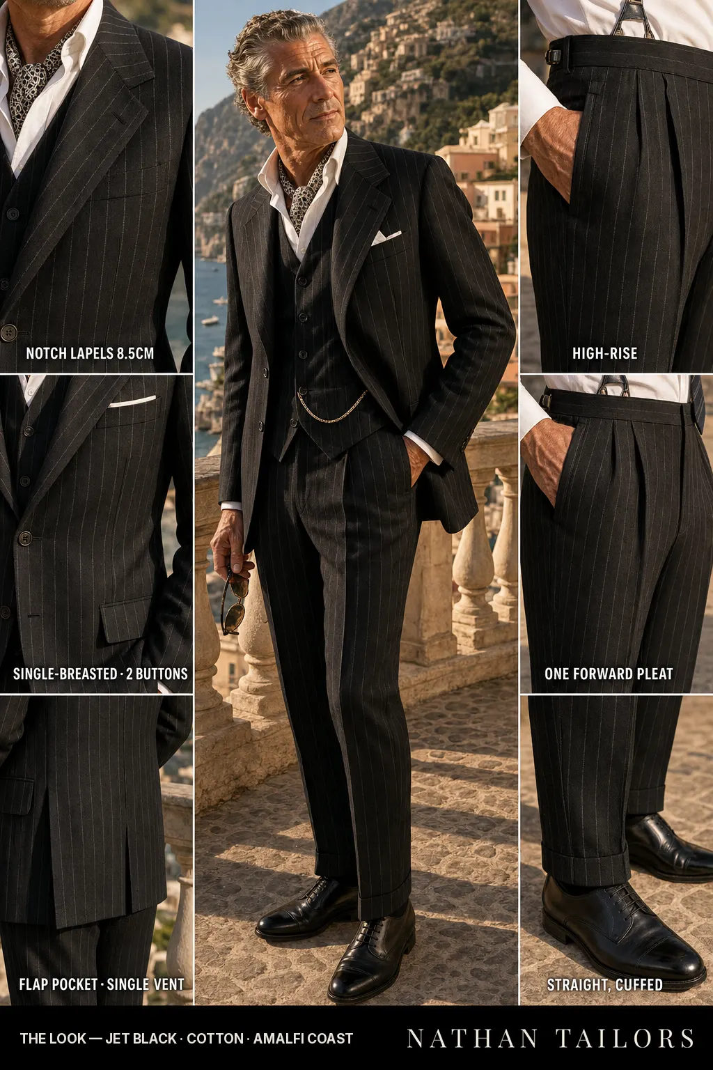 jet black chalk stripe single-breasted notch-lapel bespoke suit — AI-rendered by Nathan Tailors, the Hoi An custom tailor. Available as a custom tailored suit from $149.