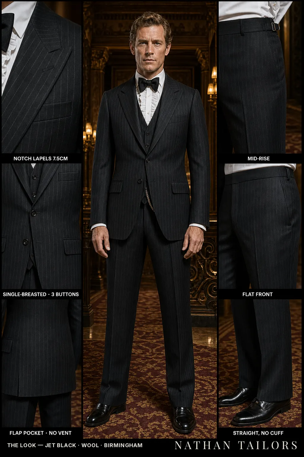 jet black chalk stripe single-breasted notch-lapel bespoke suit — AI-rendered by Nathan Tailors, the Hoi An custom tailor. Available as a custom tailored suit from $149.