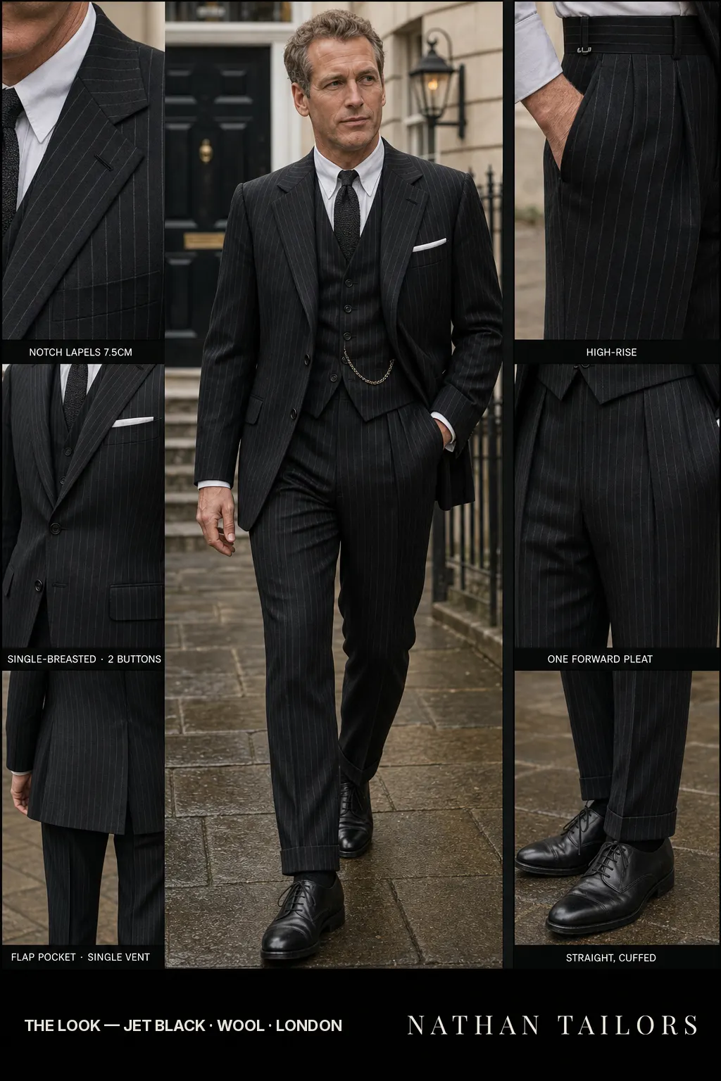 jet black chalk stripe single-breasted notch-lapel bespoke suit — AI-rendered by Nathan Tailors, the Hoi An custom tailor. Available as a custom tailored suit from $149.