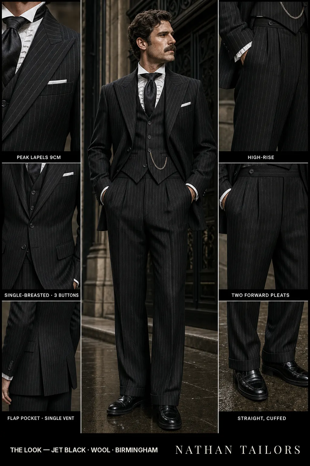 jet black chalk stripe single-breasted peak-lapel bespoke suit — AI-rendered by Nathan Tailors, the Hoi An custom tailor. Available as a custom tailored suit from $149.